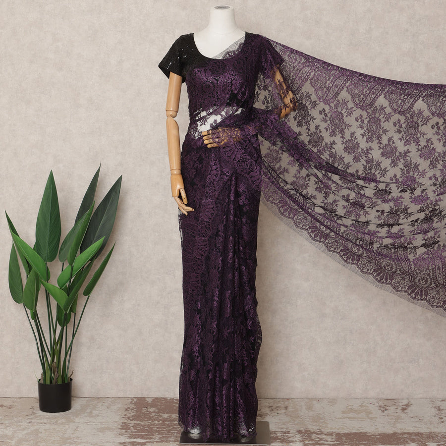 Deep Purple Premium French Metallic Chantilly Saree Lace Fabric, Approx. 5.5 Mtrs, Width 110 Cms, Made in France-D24088