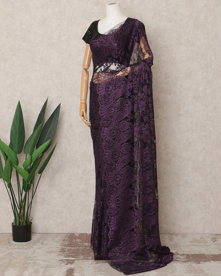 Deep Purple Premium French Metallic Chantilly Saree Lace Fabric, Approx. 5.5 Mtrs, Width 110 Cms, Made in France-D24088