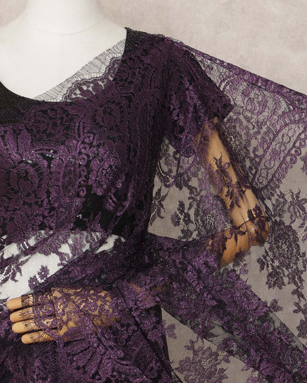 Deep Purple Premium French Metallic Chantilly Saree Lace Fabric, Approx. 5.5 Mtrs, Width 110 Cms, Made in France-D24088
