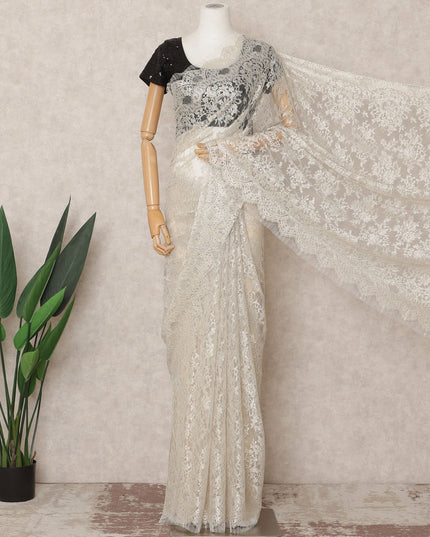 Ivory Premium French Metallic Chantilly Saree Lace Fabric, Approx. 5.5 Mtrs, Width 110 Cms, Made in France-D24089