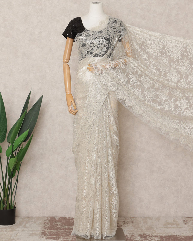Ivory Premium French Metallic Chantilly Saree Lace Fabric, Approx. 5.5 Mtrs, Width 110 Cms, Made in France-D24089
