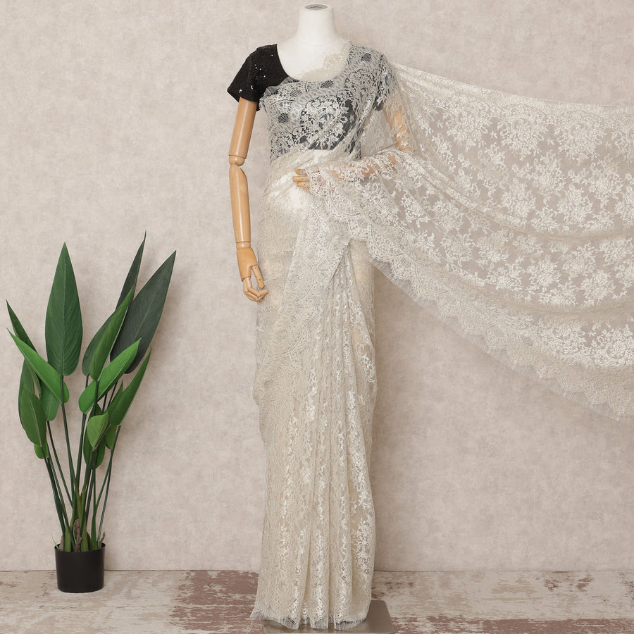 Ivory Premium French Metallic Chantilly Saree Lace Fabric, Approx. 5.5 Mtrs, Width 110 Cms, Made in France-D24089