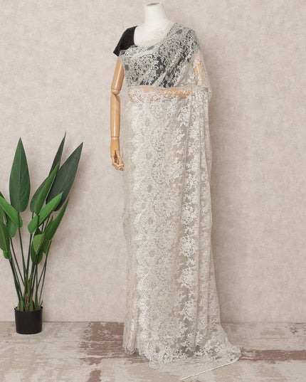 Ivory Premium French Metallic Chantilly Saree Lace Fabric, Approx. 5.5 Mtrs, Width 110 Cms, Made in France-D24089