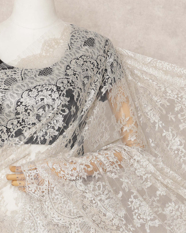 Ivory Premium French Metallic Chantilly Saree Lace Fabric, Approx. 5.5 Mtrs, Width 110 Cms, Made in France-D24089