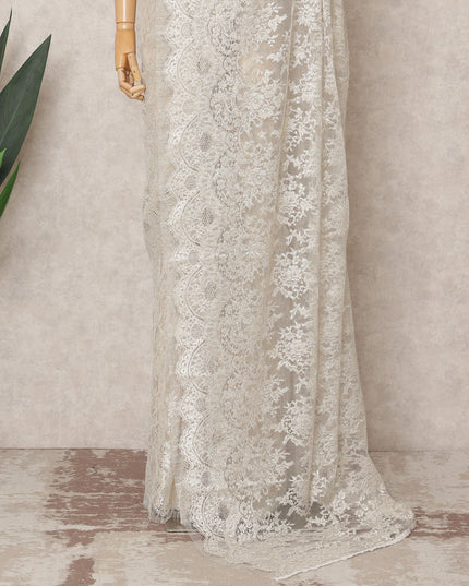 Ivory Premium French Metallic Chantilly Saree Lace Fabric, Approx. 5.5 Mtrs, Width 110 Cms, Made in France-D24089