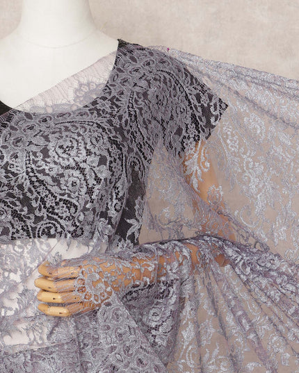 قماش ساري شانتيلي فرنسي فاخر بلون لافندر، بطول ٥.٥ متر تقريبًا، وعرض ١١٠ سم، صنع في فرنسا - D24090