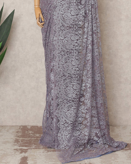 قماش ساري شانتيلي فرنسي فاخر بلون لافندر، بطول ٥.٥ متر تقريبًا، وعرض ١١٠ سم، صنع في فرنسا - D24090