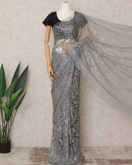 Steel Grey Premium French Metallic Chantilly Saree Lace Fabric, Approx. 5.5 Mtrs, Width 110 Cms, Made in France-D24091 Regal Fabrics