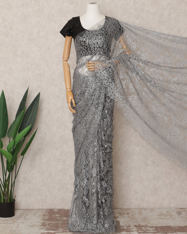 Steel Grey Premium French Metallic Chantilly Saree Lace Fabric, Approx. 5.5 Mtrs, Width 110 Cms, Made in France-D24091 Regal Fabrics