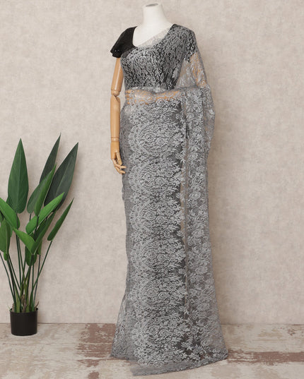 Steel Grey Premium French Metallic Chantilly Saree Lace Fabric, Approx. 5.5 Mtrs, Width 110 Cms, Made in France-D24091 Regal Fabrics