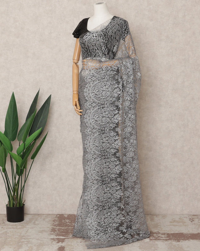 Steel Grey Premium French Metallic Chantilly Saree Lace Fabric, Approx. 5.5 Mtrs, Width 110 Cms, Made in France-D24091 Regal Fabrics
