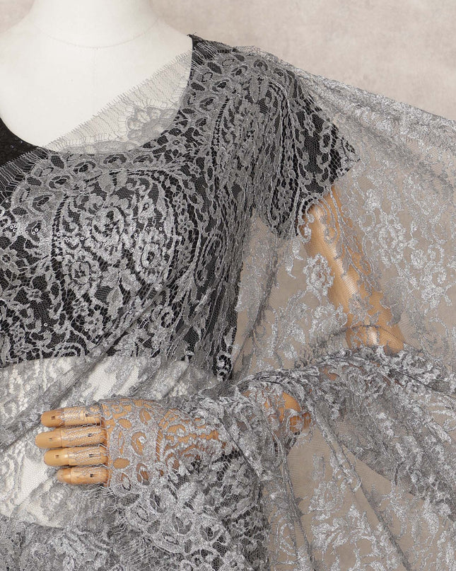 Steel Grey Premium French Metallic Chantilly Saree Lace Fabric, Approx. 5.5 Mtrs, Width 110 Cms, Made in France-D24091 Regal Fabrics