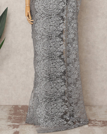 Steel Grey Premium French Metallic Chantilly Saree Lace Fabric, Approx. 5.5 Mtrs, Width 110 Cms, Made in France-D24091 Regal Fabrics