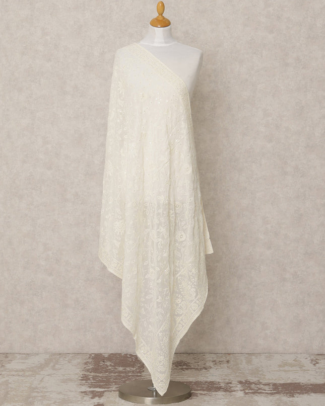 Ivory White Synthetic Georgette Dupatta with Embroidery, 210 x 80 Cms, Made in India-D24095
