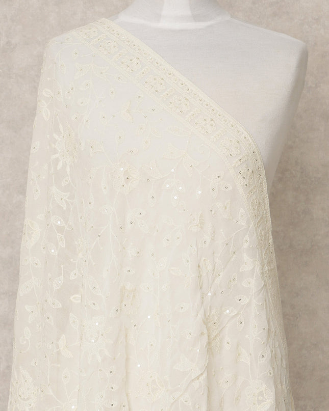Ivory White Synthetic Georgette Dupatta with Embroidery, 210 x 80 Cms, Made in India-D24095