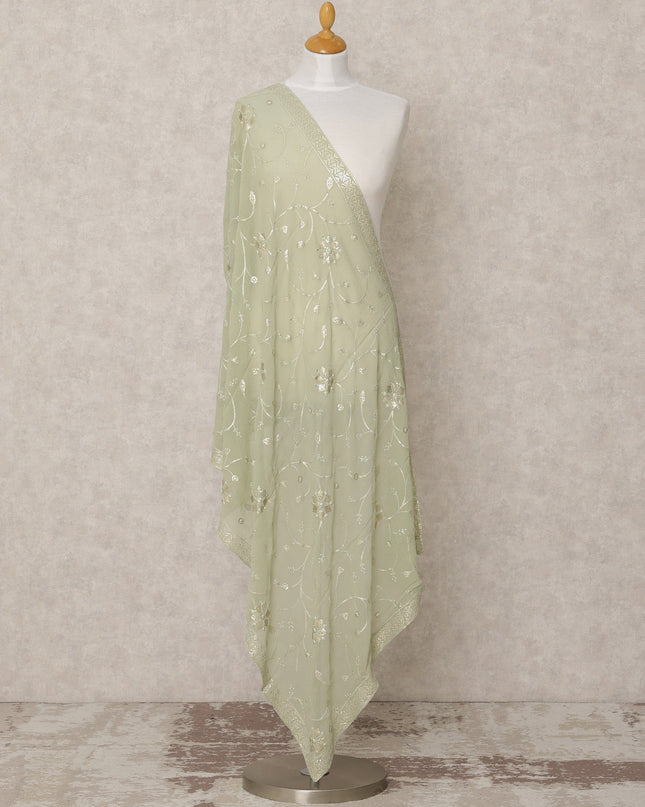 Sage Green Synthetic Georgette Dupatta with Floral Embroidery, 210 x 80 Cms, Made in India-D24097