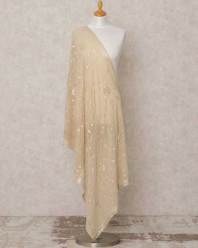 Beige Synthetic Georgette Dupatta with Sequin Floral Work, 210 x 80 Cms, Made in India-D24098
