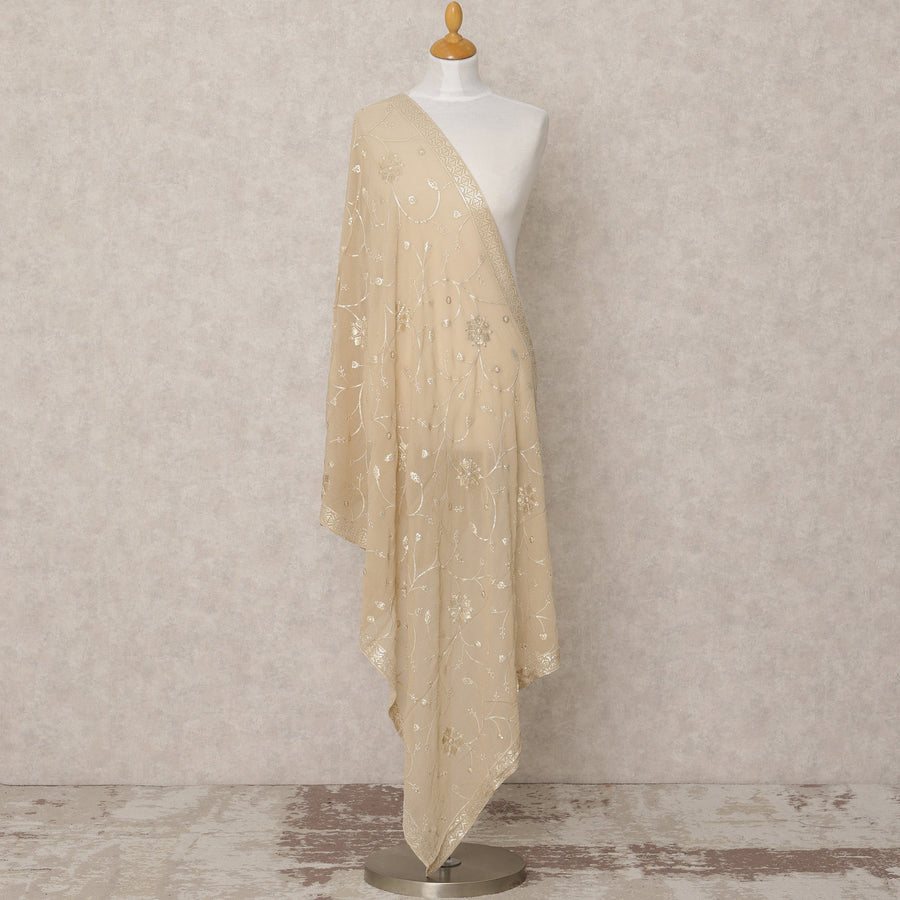 دوباتا من قماش جورجيت صناعي بيج مزين بتطريز زهور من الترتر، 210 × 80 سم، صنع في الهند - D24098