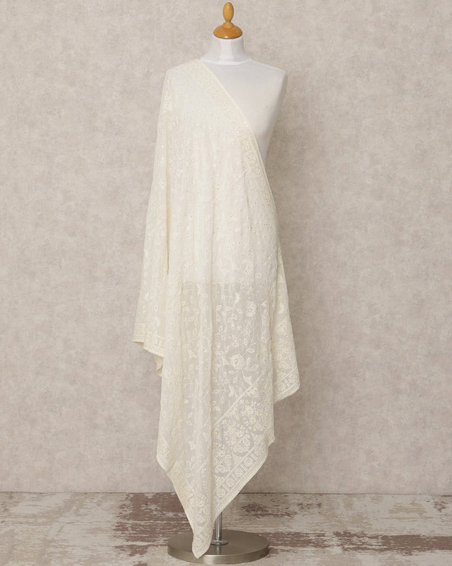 Ivory Synthetic Georgette Dupatta with Tone-on-Tone Embroidery, 210 x 80 Cms, Made in India-D24099