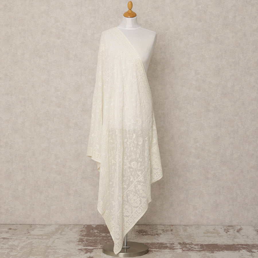 دوباتا جورجيت صناعي عاجي اللون مع تطريز متناسق، 210 × 80 سم، صنع في الهند - D24099