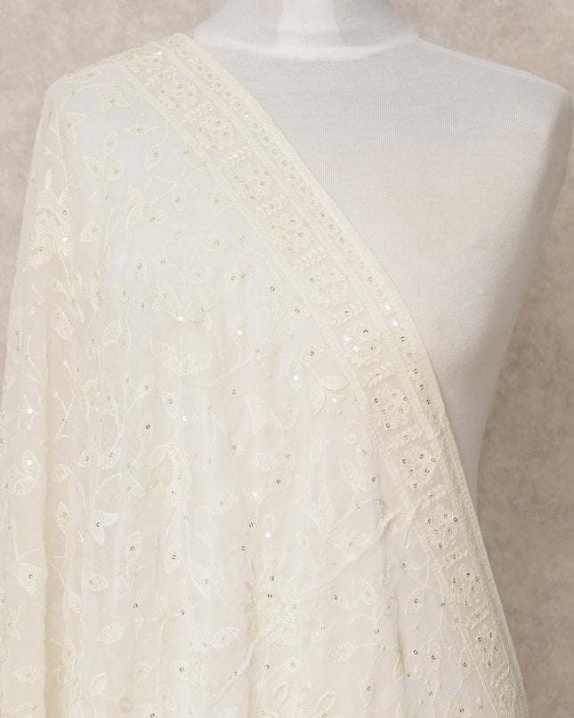 Ivory Synthetic Georgette Dupatta with Tone-on-Tone Embroidery, 210 x 80 Cms, Made in India-D24099