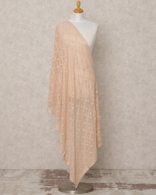 Peach Nude Synthetic Georgette Dupatta with Grid Floral Embroidery, 210 x 80 Cms, Made in India-D24101