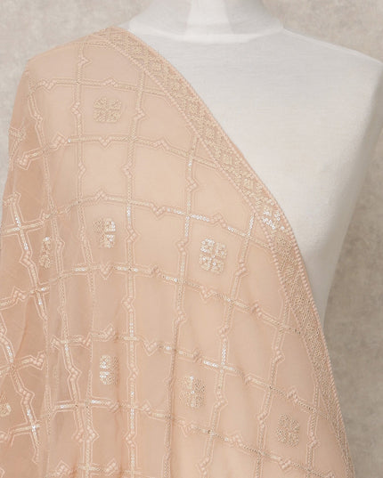 دوباتا جورجيت صناعي بلون الخوخ العاري مع تطريز شبكي زهري، 210 × 80 سم، صنع في الهند - D24101