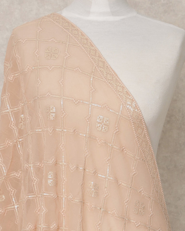 Peach Nude Synthetic Georgette Dupatta with Grid Floral Embroidery, 210 x 80 Cms, Made in India-D24101