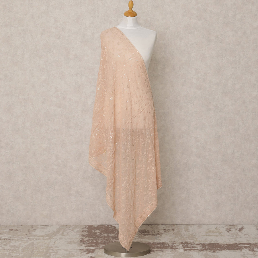 دوباتا جورجيت صناعي بلون الخوخ الوردي مع تطريز بالترتر الزهري، 210 × 80 سم، صنع في الهند - D24102