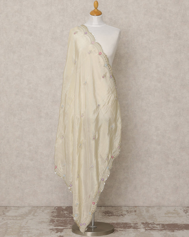 Ivory Synthetic Brocade Dupatta with Scalloped Embroidered Border, 210 x 80 Cms, Made in India-D24105