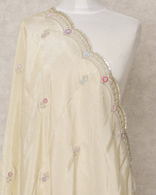 Light Gold Synthetic Brocade Dupatta with Scalloped Sequin Border, 210 x 80 Cms, Made in India-D24106