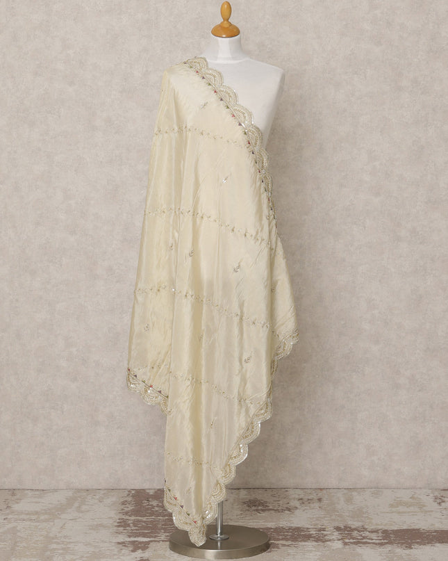 Ivory Synthetic Brocade Dupatta with Scalloped Mirror Work Border, 210 x 80 Cms, Made in India-D24107