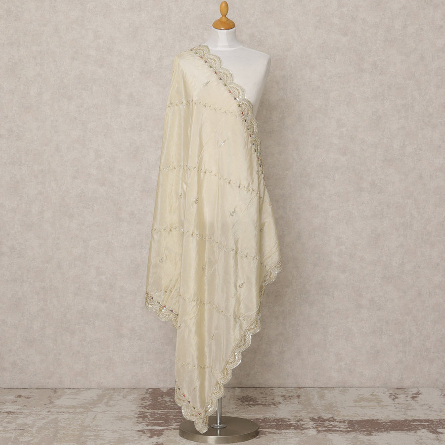 دوباتا من قماش بروكيد صناعي عاجي اللون مع حافة مزخرفة بمرآة، 210 × 80 سم، صنع في الهند - D24107