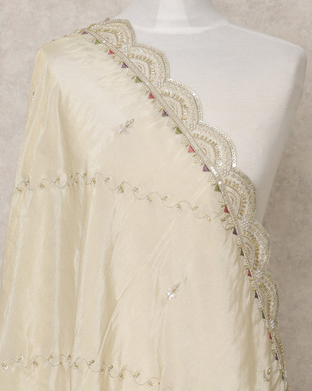Ivory Synthetic Brocade Dupatta with Scalloped Mirror Work Border, 210 x 80 Cms, Made in India-D24107