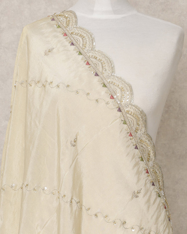 Champagne Gold Synthetic Brocade Dupatta with Scalloped Sequin Border, 210 x 80 Cms, Made in India-D24108