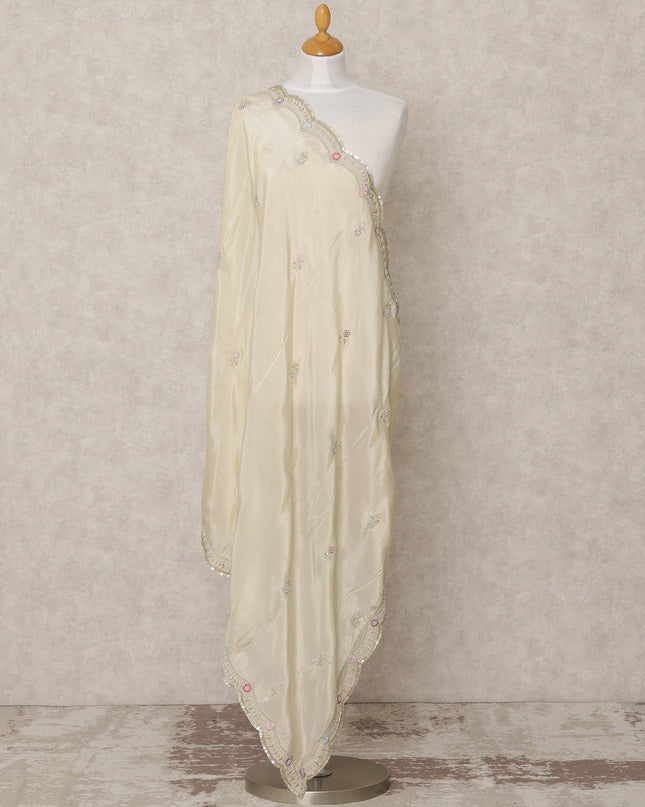 Light Gold Synthetic Brocade Dupatta with Embroidered Scallop Border, 210 x 80 Cms, Made in India-D24109