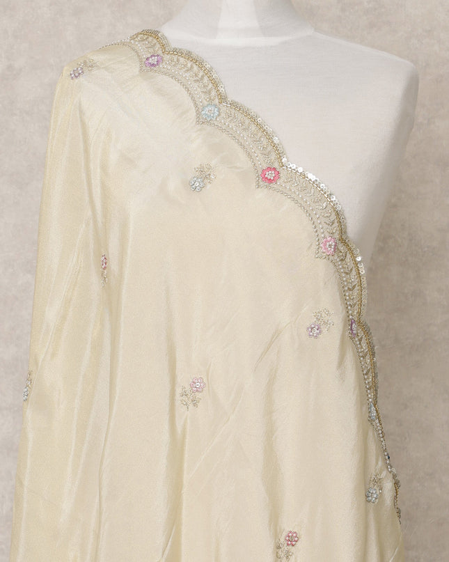 Light Gold Synthetic Brocade Dupatta with Embroidered Scallop Border, 210 x 80 Cms, Made in India-D24109