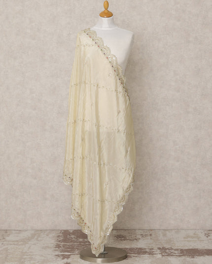 Ivory Gold Synthetic Brocade Dupatta with Sequin Embroidered Scallop Border, 210 x 80 Cms, Made in India-D24110