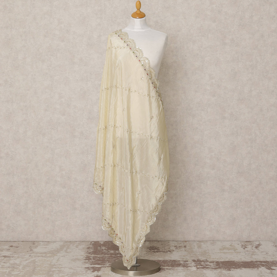 Ivory Gold Synthetic Brocade Dupatta with Sequin Embroidered Scallop Border, 210 x 80 Cms, Made in India-D24110