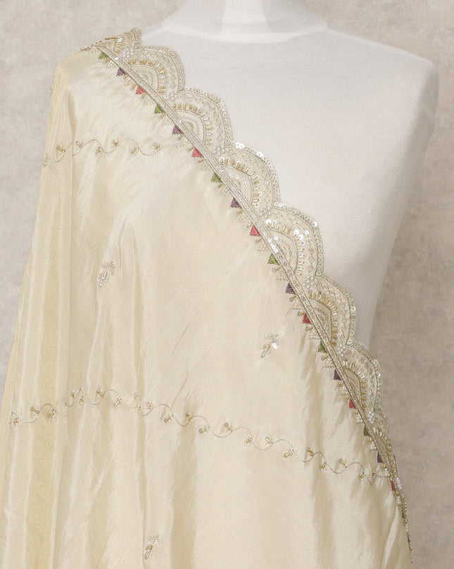 Ivory Gold Synthetic Brocade Dupatta with Sequin Embroidered Scallop Border, 210 x 80 Cms, Made in India-D24110