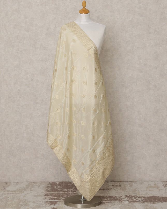 Ivory Gold Synthetic Brocade Dupatta with Zari Floral Butis and Broad Border, 210 x 80 Cms, Made in India-D24114