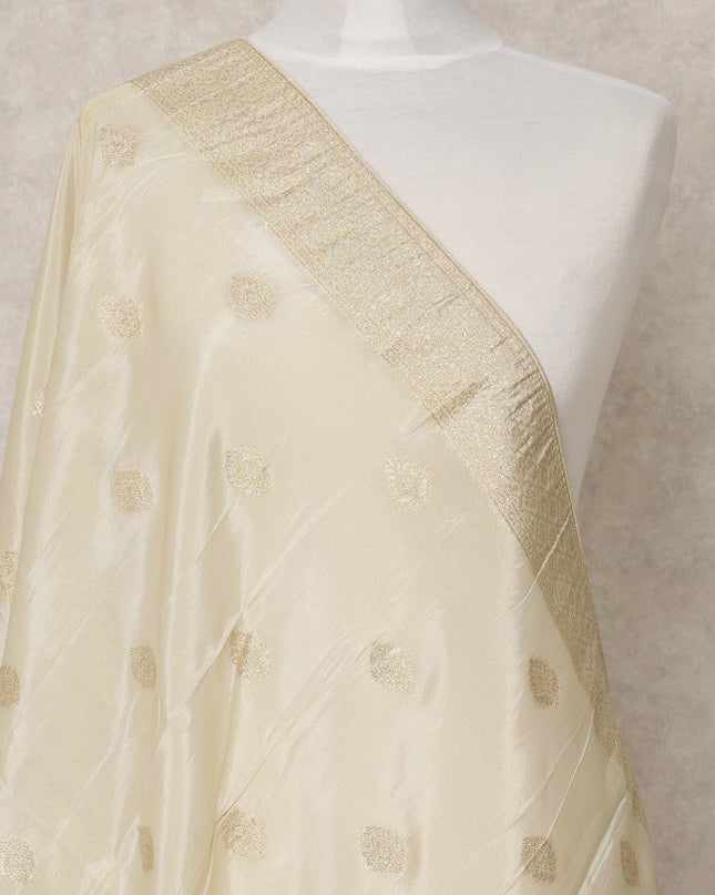 Ivory Gold Synthetic Brocade Dupatta with Zari Floral Butis and Broad Border, 210 x 80 Cms, Made in India-D24114
