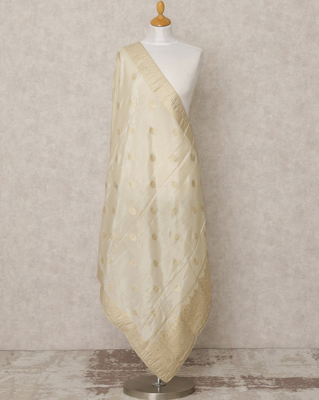 Cream Gold Synthetic Brocade Dupatta with Zari Rose Butis and Ornate Border, 210 x 80 Cms, Made in India-D24115