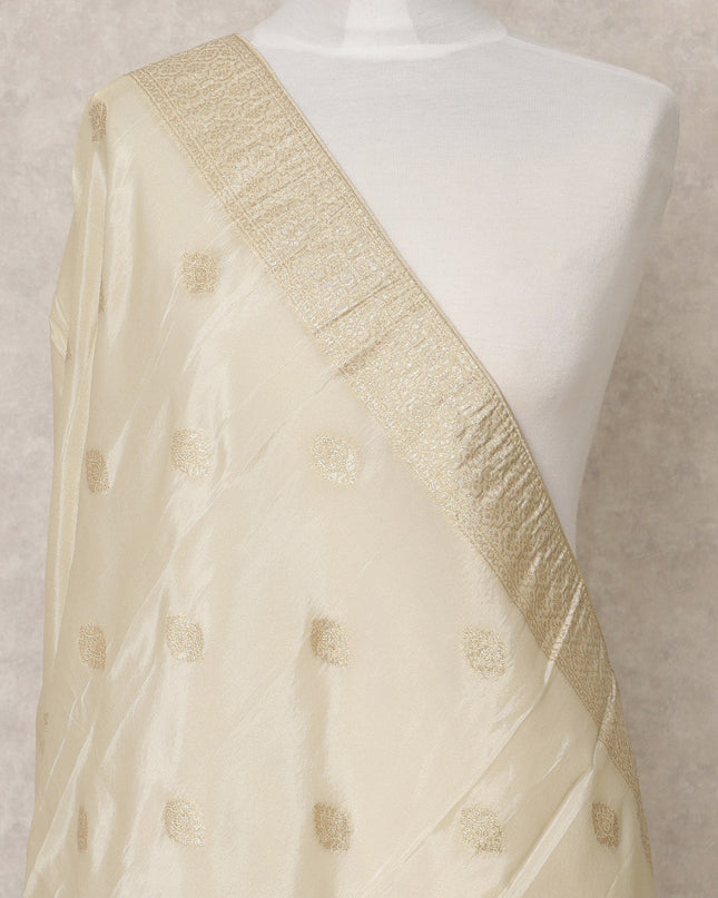 Cream Gold Synthetic Brocade Dupatta with Zari Rose Butis and Ornate Border, 210 x 80 Cms, Made in India-D24115