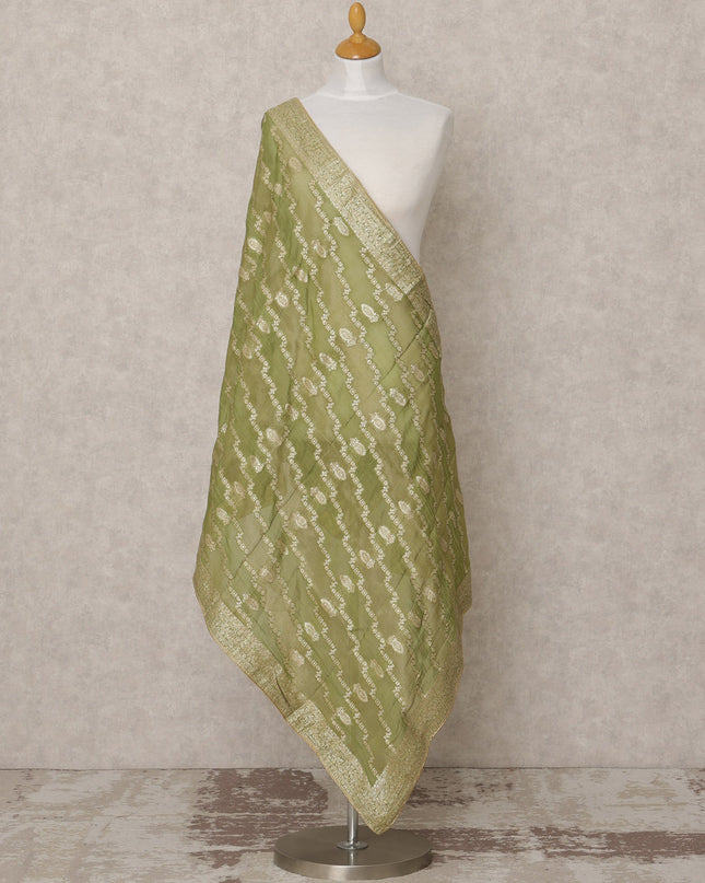 Olive Green Synthetic Brocade Dupatta with Diagonal Zari Motifs and Rich Border, 210 x 80 Cms, Made in India-D24116