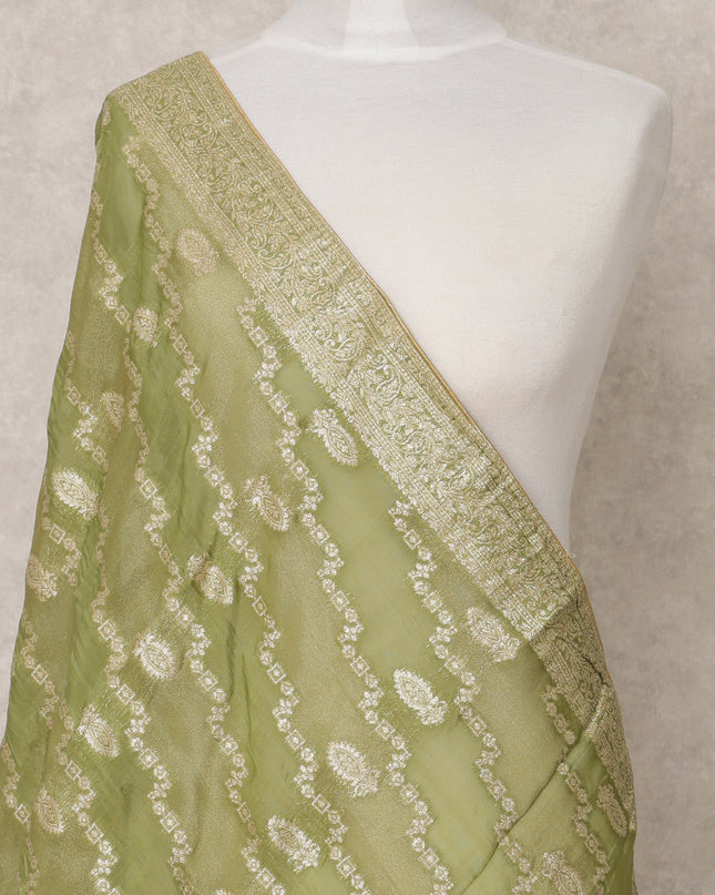Olive Green Synthetic Brocade Dupatta with Diagonal Zari Motifs and Rich Border, 210 x 80 Cms, Made in India-D24116