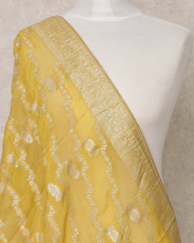 Mustard Yellow Synthetic Brocade Dupatta with Diagonal Zari Weaves and Ornate Border, 210 x 80 Cms, Made in India-D24117