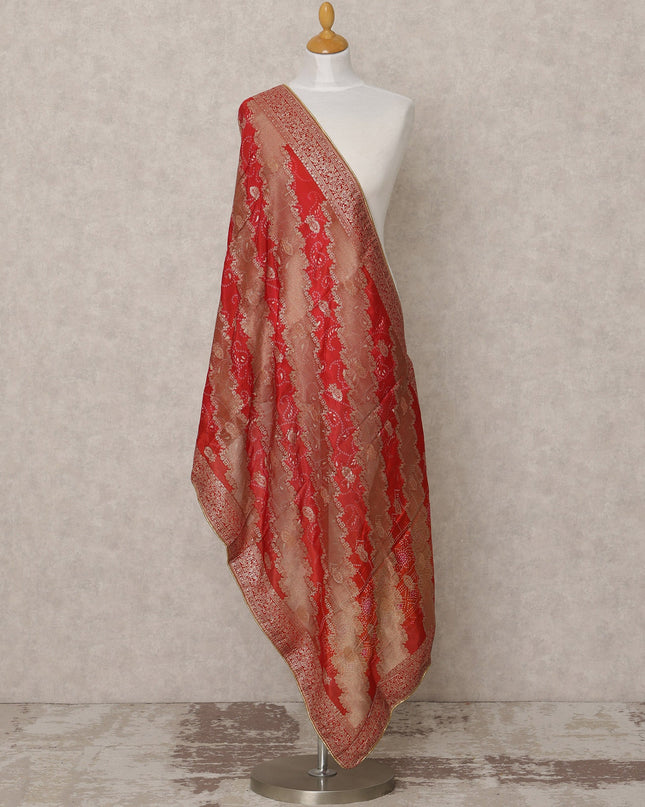 Crimson Red Synthetic Brocade Dupatta with Gold Zari Striped Pattern and Ornate Border, 210 x 80 Cms, Made in India-D24118