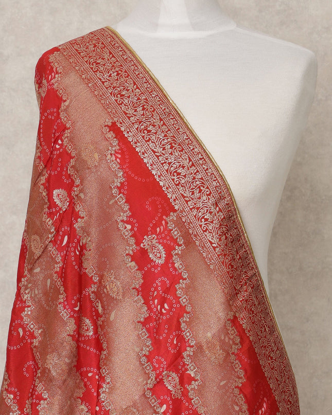 Crimson Red Synthetic Brocade Dupatta with Gold Zari Striped Pattern and Ornate Border, 210 x 80 Cms, Made in India-D24118