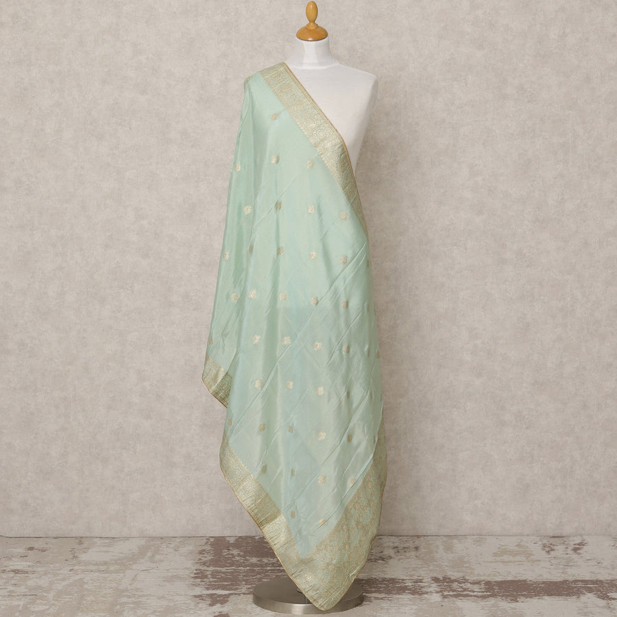 دوباتا من قماش بروكيد صناعي أخضر نعناعي مع أغطية زاري ذهبية وحواف من الجاكار، 210 × 80 سم، صنع في الهند - D24119